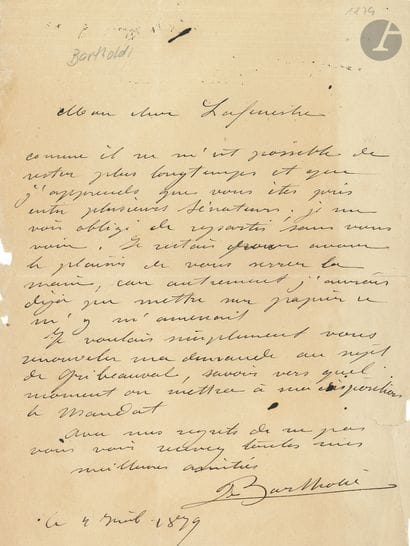 Auguste BARTHOLDI. 3 L.A.S., 1879-1883 and...