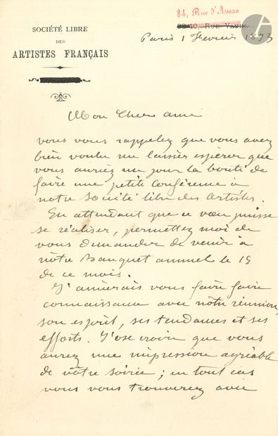 Auguste BARTHOLDI. L.A.S., February 1, 1893,...