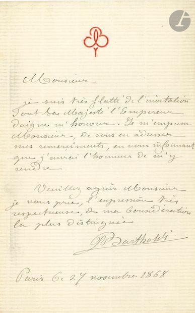 Auguste BARTHOLDI (1834-1904). L.A.S., November...