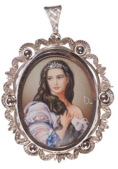 Broche-pendentif en or gris orné d'une miniature...