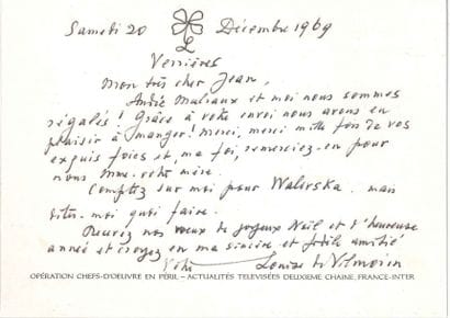 Louise DE VILMORIN
L.A.S., Verrières 20 décembre...
