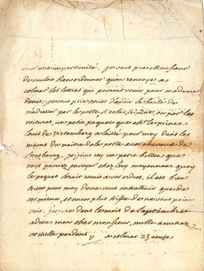 VOLTAIRE
L.A.S. «V», Colmar 23 août [1754],...