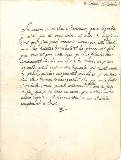 VOLTAIRE
L.S. «V», Colmar 15 octobre [1754],...