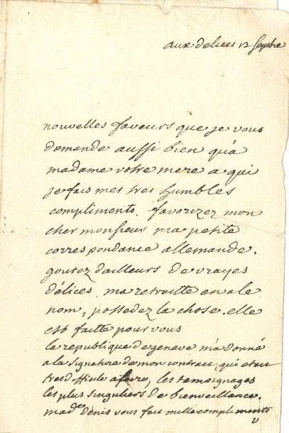 VOLTAIRE
L.A.S. «V», aux Délices 12 septembre...