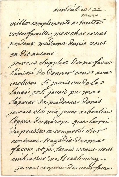 VOLTAIRE
L.A.S. «V», aux Délices 22 mars...