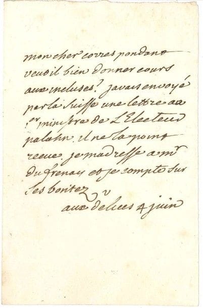 VOLTAIRE
L.A.S. «V», aux Délices 4 juin [1757,...