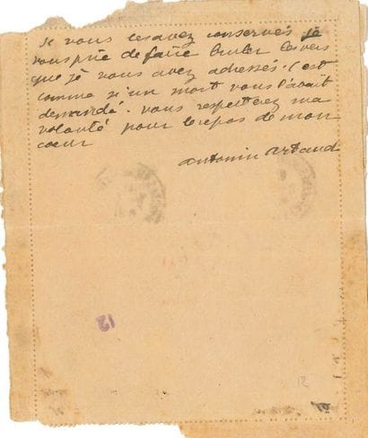 Antonin ARTAUD (1896-1948). L.A.S., [Marseille...