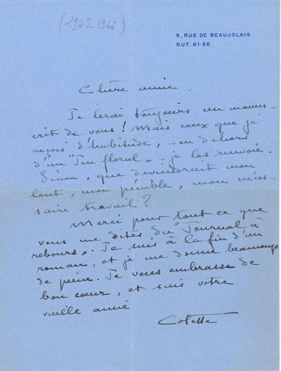 COLETTE. 2 L.A.S., 9, rue de Beaujolais [1945-1946 ?],...