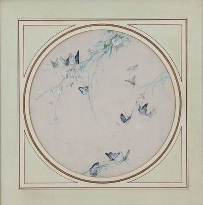 QUATRE AQUARELLES GOUACHEES à vue ronde 

Circa...
