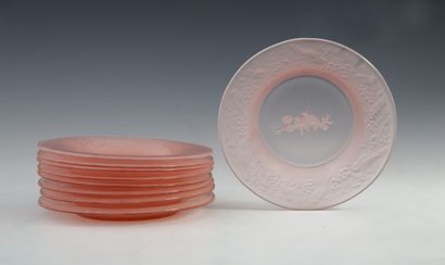 SET OF 9 Art Deco pressed pink crystal bread...