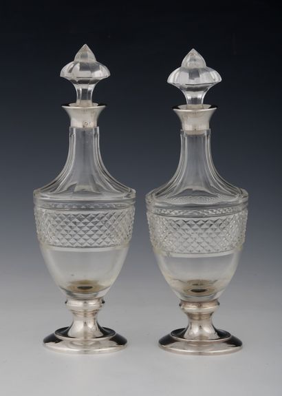 PAIR OF ALCOHOL CARAFONS of amphora shape...