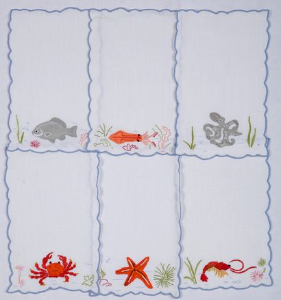 SET OF 6 LUNCH TOWELS in white linen with...