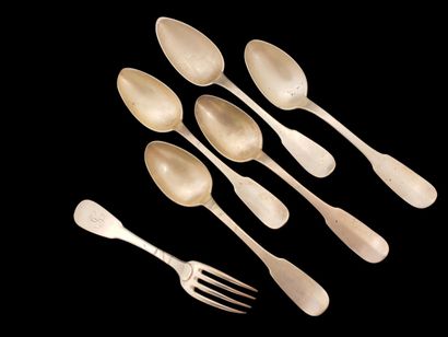 5 CUILLERES ET 1 FOURCHETTE DE TABLE XIXème...