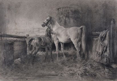 Mare and her foal in the box

Charcoal 

Signed...