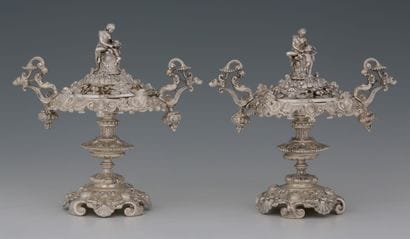 PAIR OF POTS FORRIS in re-silvered bronze...