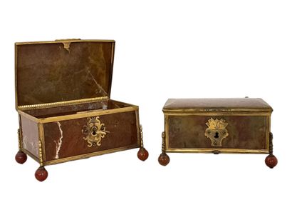 TWO RECTANGULAR COFFRETS with hinged lids...