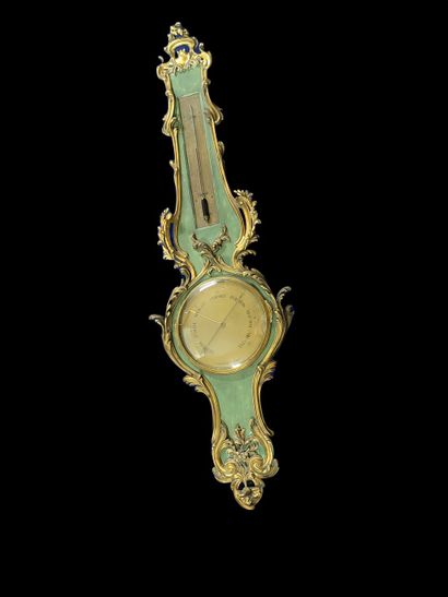 THERMOMETER BAROMETER in green lacquered...