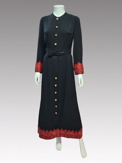 DOZIA - LONG DRESS in black crepe, with ethnic...