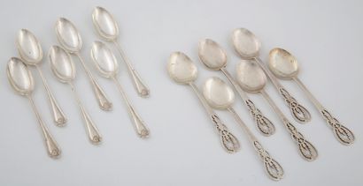TWO SUITS OF SIX MOKA SPOONERS in silver...