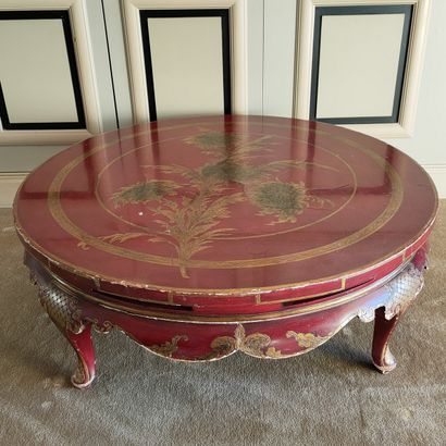 TABLE BASSE ronde en bois laqué bordeaux,...