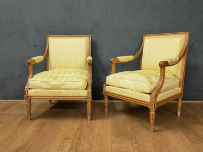 PAIR OF ARMCHAIRS with flat rectangular back...
