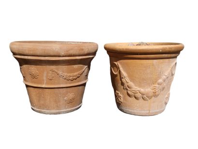 TWO GARDEN VASES of truncated cone shape...