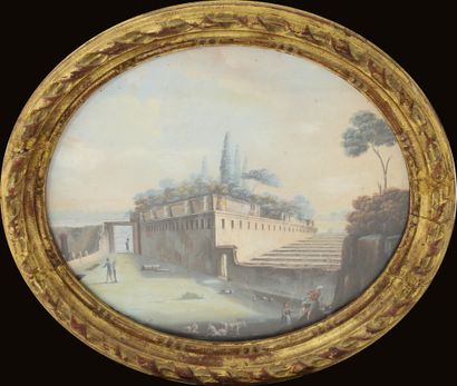 ROMANTIC SCHOOL 

Animated ruins 

Oval GOUACHE...