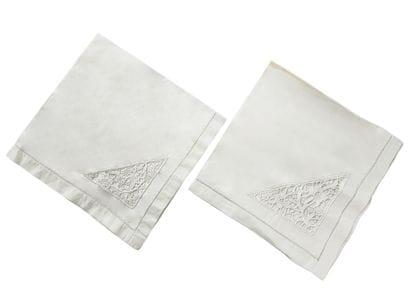 TWO SETS OF 3 TABLE TOWELS in white thread...