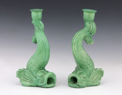 Pair of dolphin shaped lamps in green enamelled...