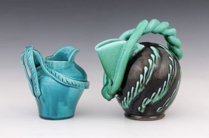 2 glazed earthenware BROCS, one turquoise...