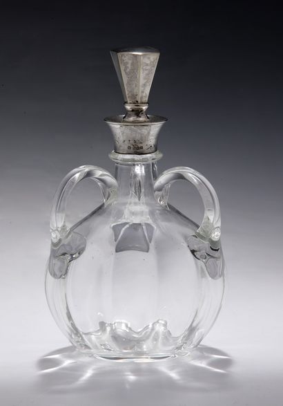 Round ALCOHOL JUG with three handles in blown...