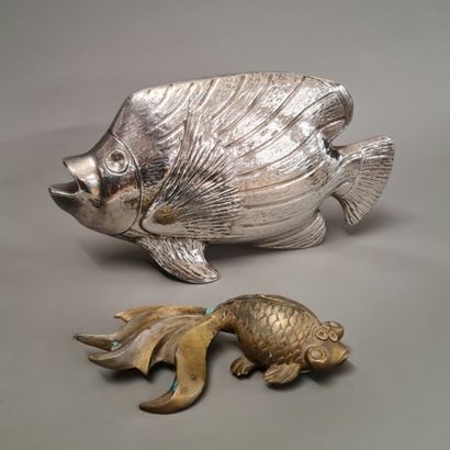 2 Modern FISH STATUTETS, one lined with silver...