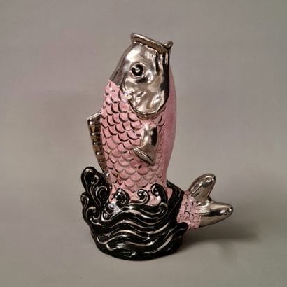 FISH VASE Circa 1960 in pink, black and silver...