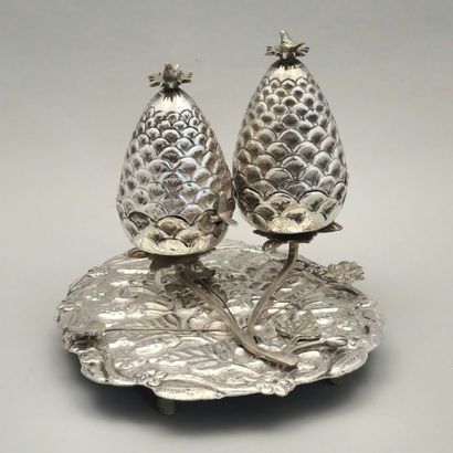 PAIR OF SALTSHELLS AND OILBOX in the shape...