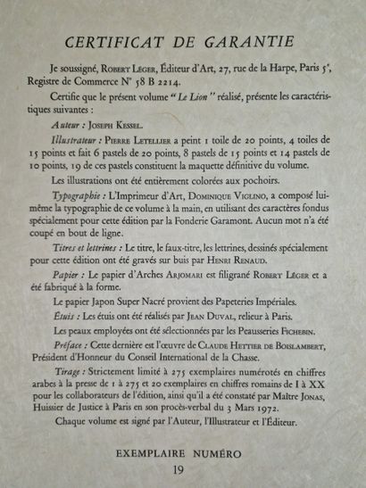 LE LION (KESSEL, Joseph), Robert Léger Editeur,...