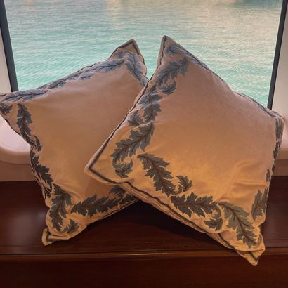 Pair of ivory velvet cushions, embroidered...