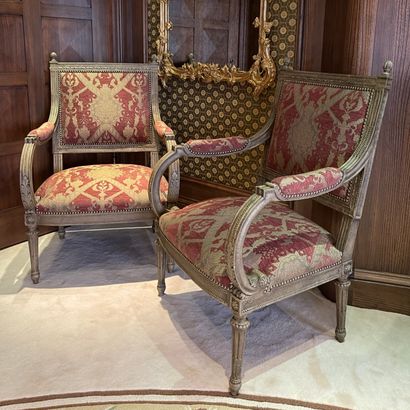 * PAIR OF RECTANGULAR FLAT-BACKED ARMCHAIRS...