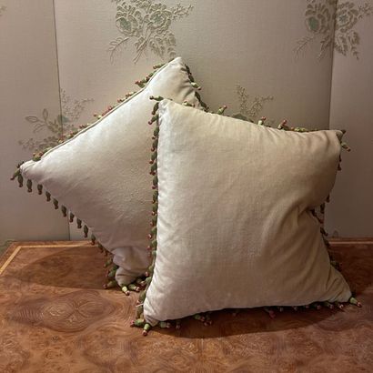 Pair of cushions in beige velvet with green...