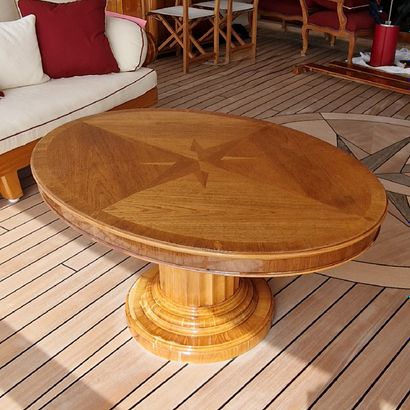 OVAL-LEVEL LOW TABLE in inlaid mahogany veneer...