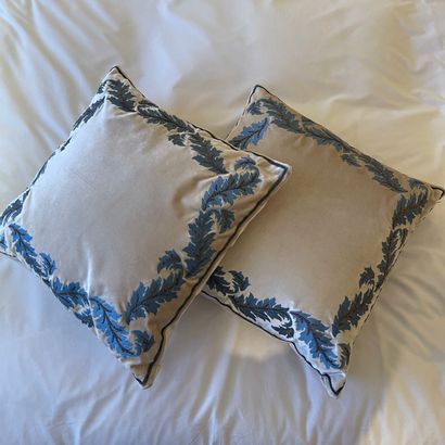 Pair of ivory velvet cushions, embroidered...