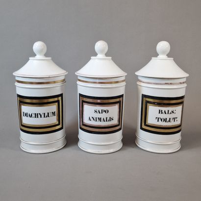 3 19th century white and black enameled porcelain...