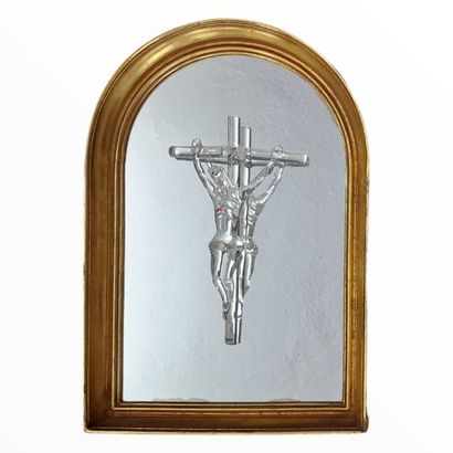 CRUCIFIX in blown white glass with polychrome...