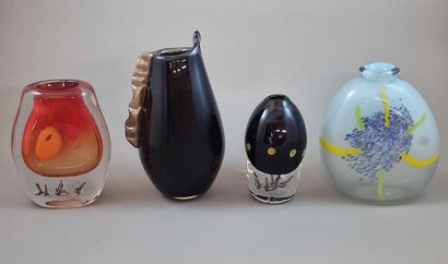 3 VASES AND A PICHET Modern blown and tinted...