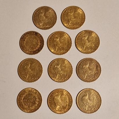 11 PIECES DE 20 FRANCS FRANCAIS OR Coq ou...