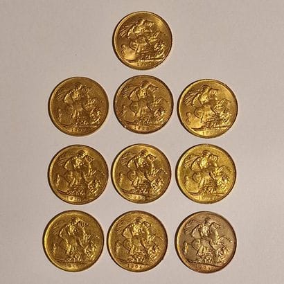 10 BRITISH SILVER GOLD PIECES Edward VII,...
