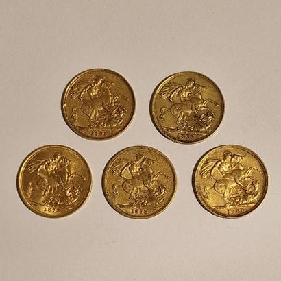 5 BRITISH GOLDEN PIECES Victoria, Years 1873;...