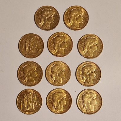 11 PIECES DE 20 FRANCS FRANCAIS OR Coq ou...