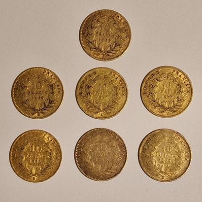 7 PIECES DE 10 FRANCS FRANCAIS OR Napoléon...