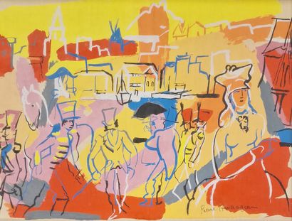 Pierre AMBROGIANI (1907-1985) 
Scène de village
GOUACHE
Signée...