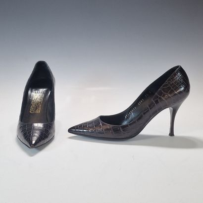 SALVATORE FERRAGAMO - Pair of black crocodile-style...